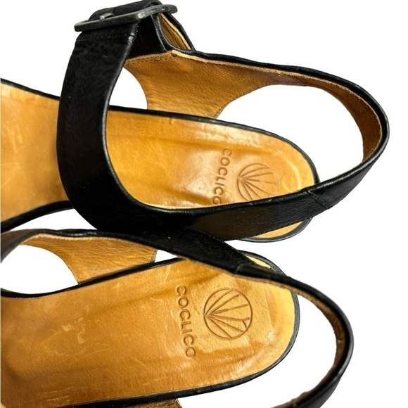 Coclico Black Gray Leather Wood Wedge Sandals Women’s Size 37 US 6.5-7 - Picture 2 of 9